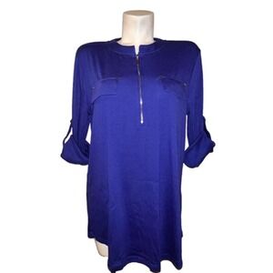 YA YA BAY Women's Size 3XL Blue Long Sleeve Zip Neck Roll Tab Pocket Tunic Top
